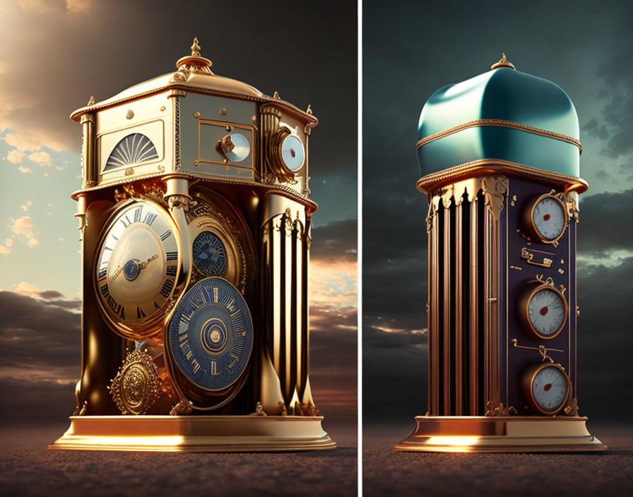 Ornate antique-style clocks against dramatic cloudy sky