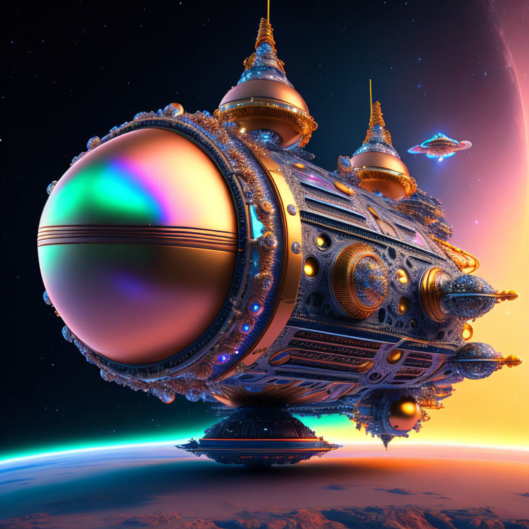 Futuristic spaceship with ornate domes in cosmic scene