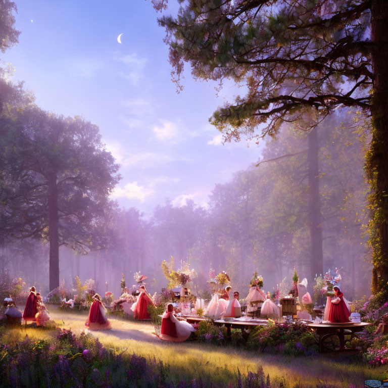 Enchanting woodland scene at dusk with figures in red cloaks and white dresses gathering around a banquet