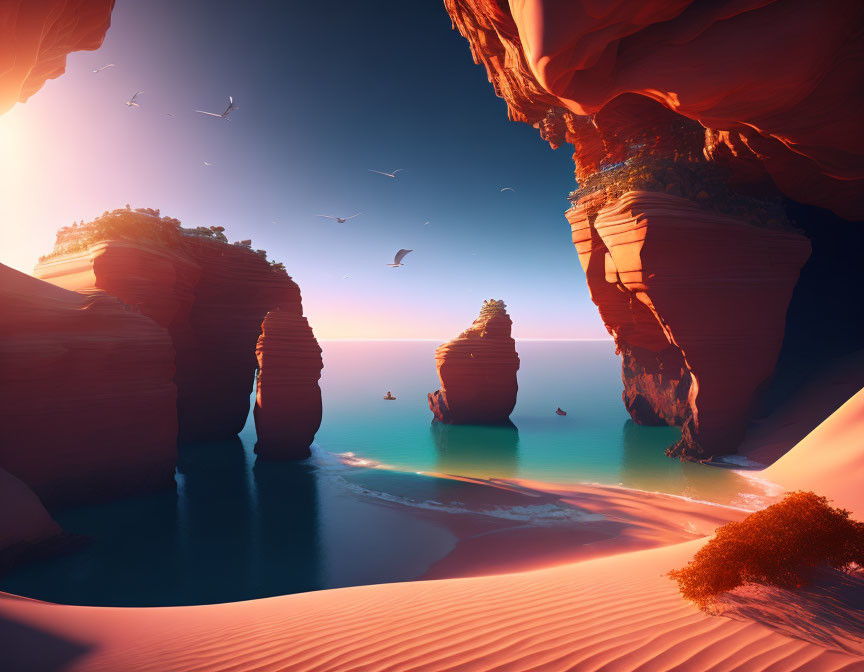 Surreal landscape with red rock formations, sea, sandy shores, and birds under warm sky