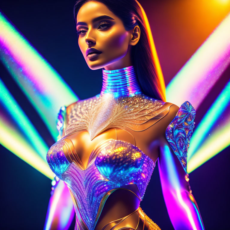 Futuristic female figure in metallic bodysuit with neon lights