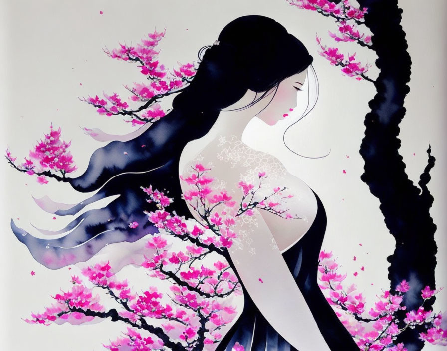 Woman with dark hair near cherry blossom tree blending with dress.