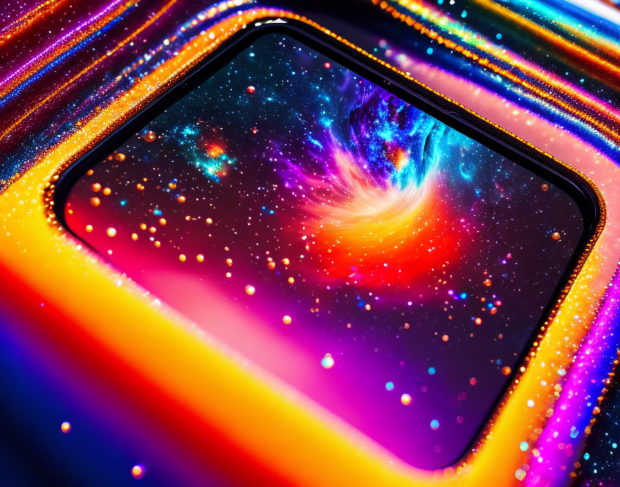 Colorful galaxy in hexagonal frame with neon streaks: Space portal illusion