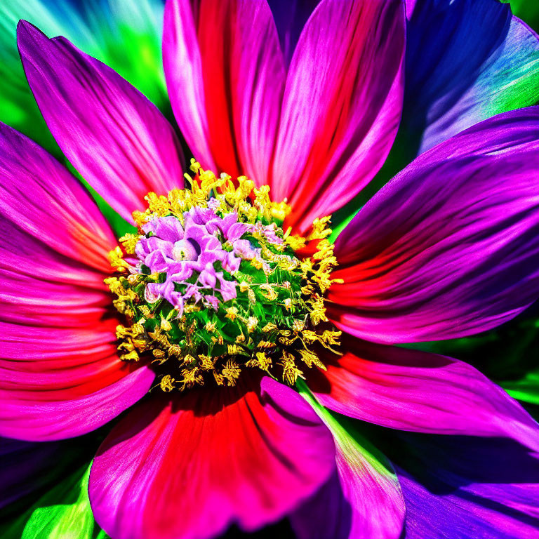 Colorful Close-Up of Pink and Purple Flower with Yellow and Green Center