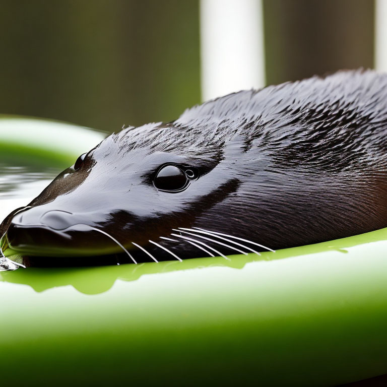 Wet otter resting on green float tube with dark eyes and whiskers