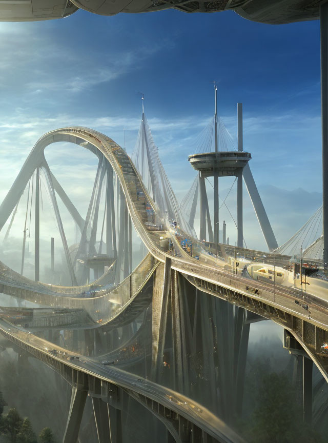 Futuristic multilevel suspension bridge in morning fog