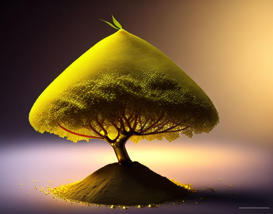 Digital image: Lemon-shaped tree on hill with mystical glow