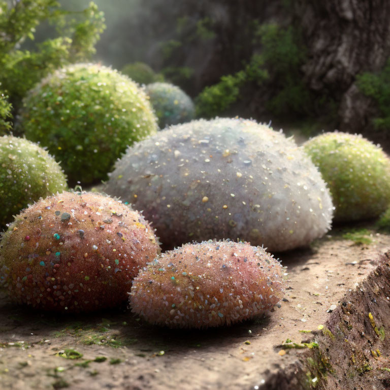 Colorful beads and dew-covered orbs in mystical forest setting under sunlight.