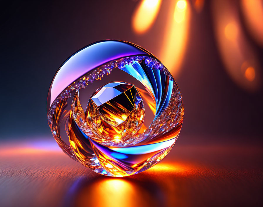 Intricate patterns in reflective crystal ball with colorful light on warm background