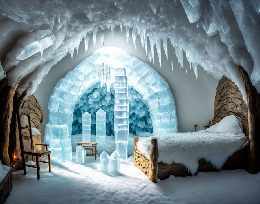 Snowy beds and icy ceiling in cozy ice hotel room