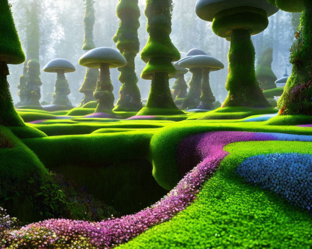 Fantasy forest with oversized mushrooms, moss, and colorful plants