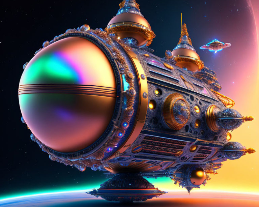 Futuristic spaceship with ornate domes in cosmic scene