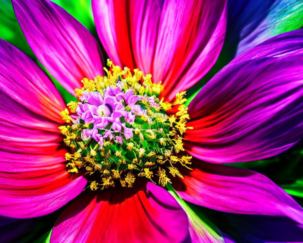 Colorful Close-Up of Pink and Purple Flower with Yellow and Green Center