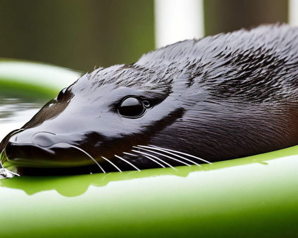 Wet otter resting on green float tube with dark eyes and whiskers