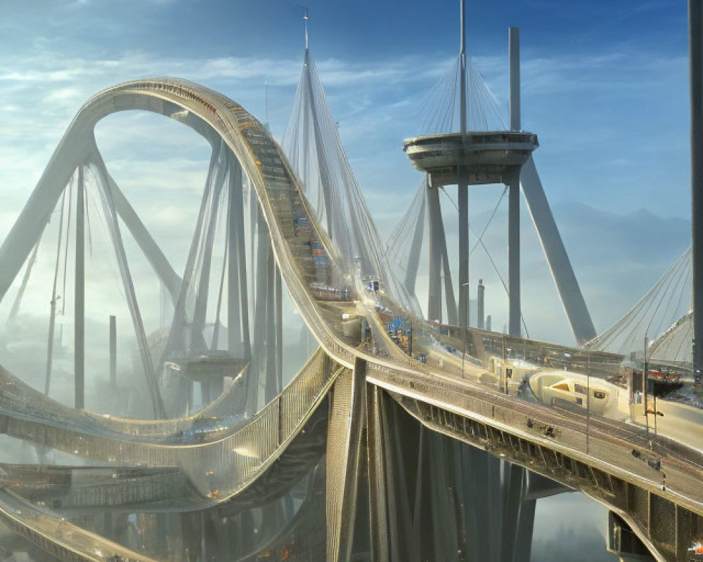 Futuristic multilevel suspension bridge in morning fog