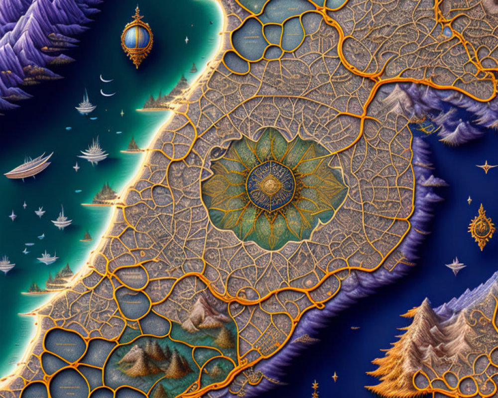 Detailed Fantasy Map Illustration with Blue Oceans, Compass Designs, Coastlines, Mountains, Rivers,