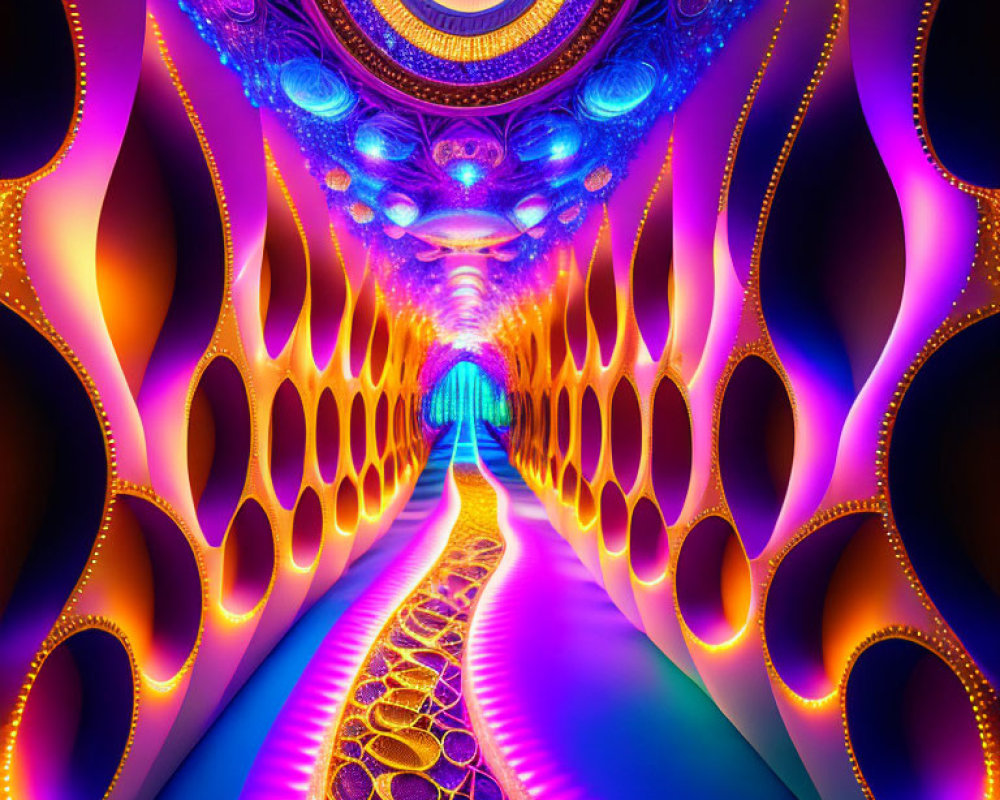 Colorful Psychedelic Tunnel with Neon Lights and Circular Opening