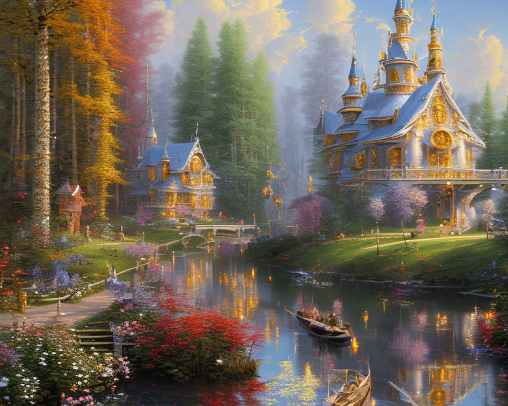 Gilded castle in lush forest with serene river and vibrant flowers