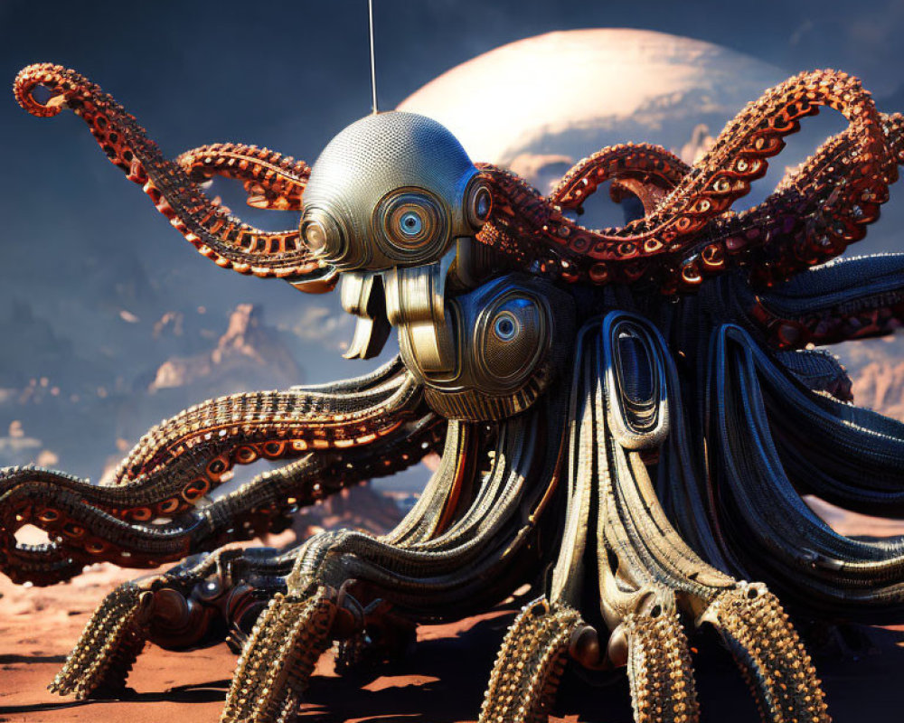 Mechanical octopus art in desert landscape with moon