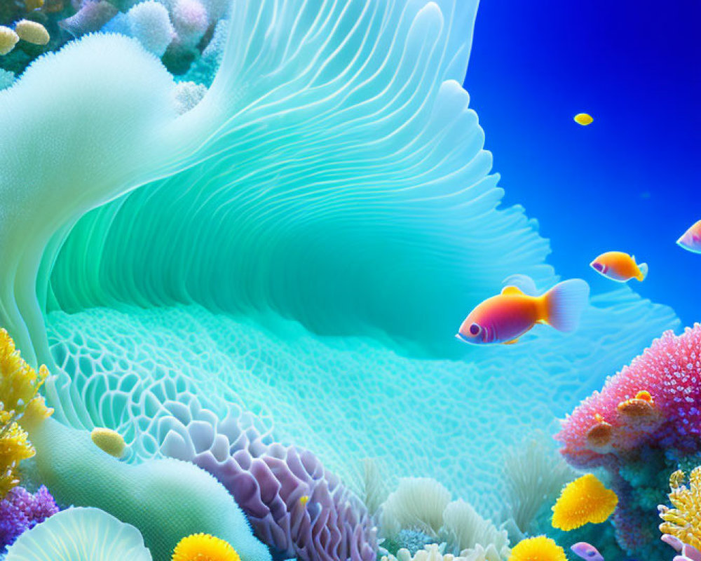 Colorful Coral Reef with White Sea Anemone in Clear Blue Water