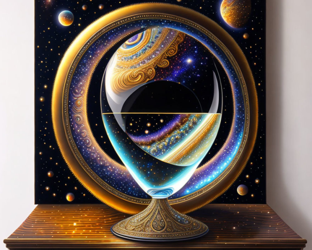 Intricate surreal cosmic painting with geometric shapes and celestial bodies on easel