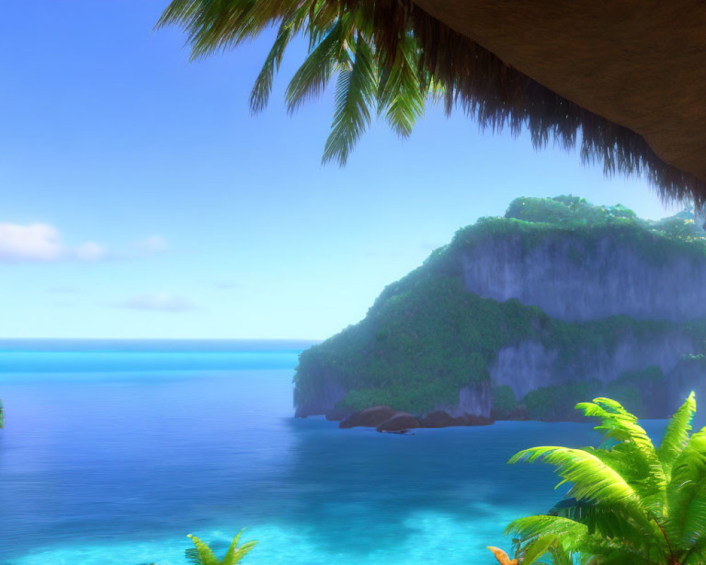 Tropical ocean view from thatch-roofed shelter overlooking lush cliff and blue sea