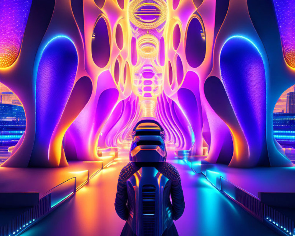 Futuristic corridor with organic shapes and neon lights