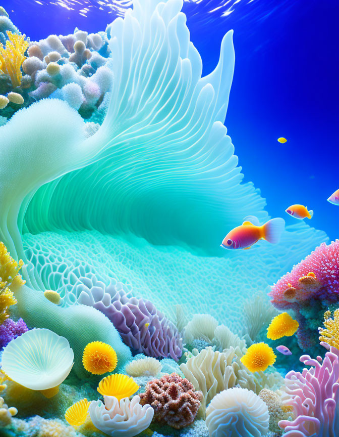 Colorful Coral Reef with White Sea Anemone in Clear Blue Water