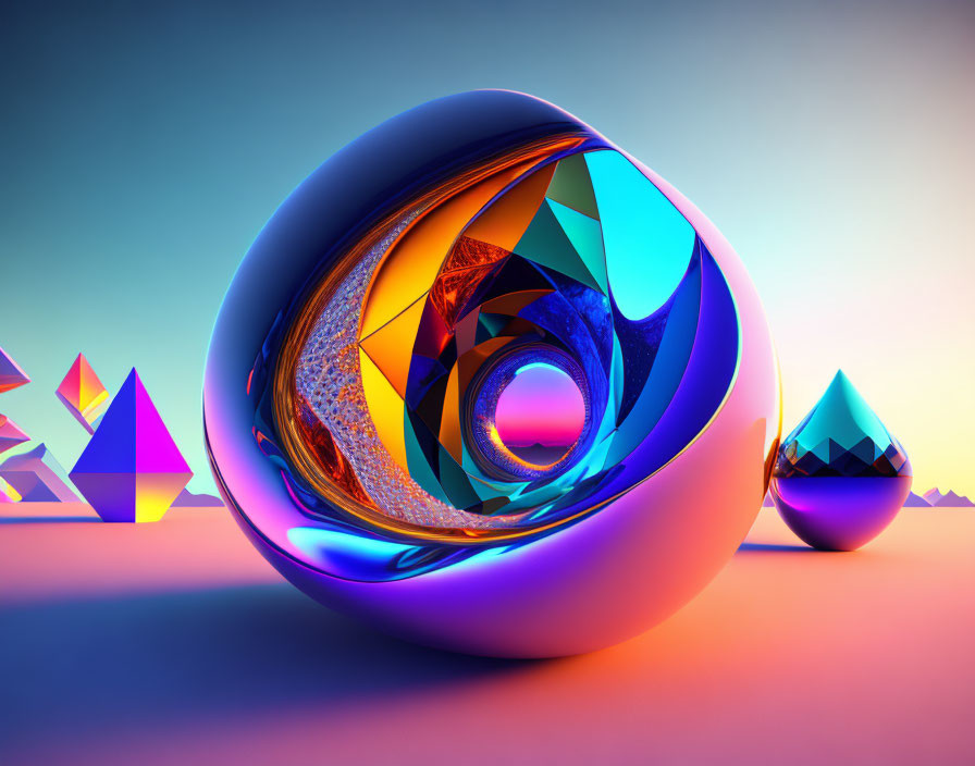 Colorful Spiral Object in Surreal Landscape with Geometric Shapes