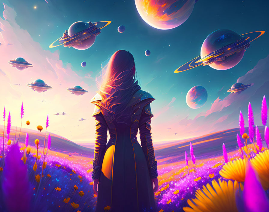 Person in cloak gazes at vibrant alien field with colorful sky