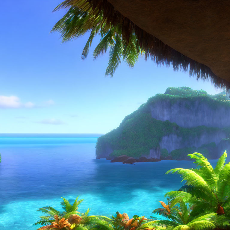 Tropical ocean view from thatch-roofed shelter overlooking lush cliff and blue sea