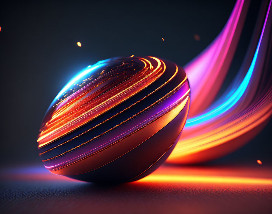 Metallic Striped Sphere with Light Trails on Dark Background