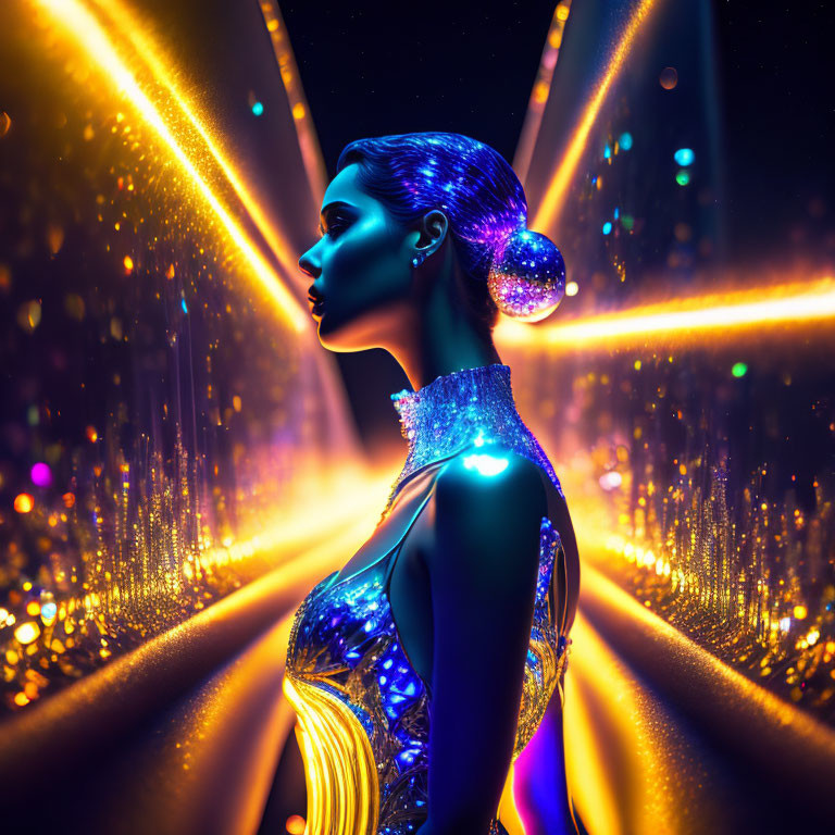 Futuristic woman with glowing blue skin in radiant golden light