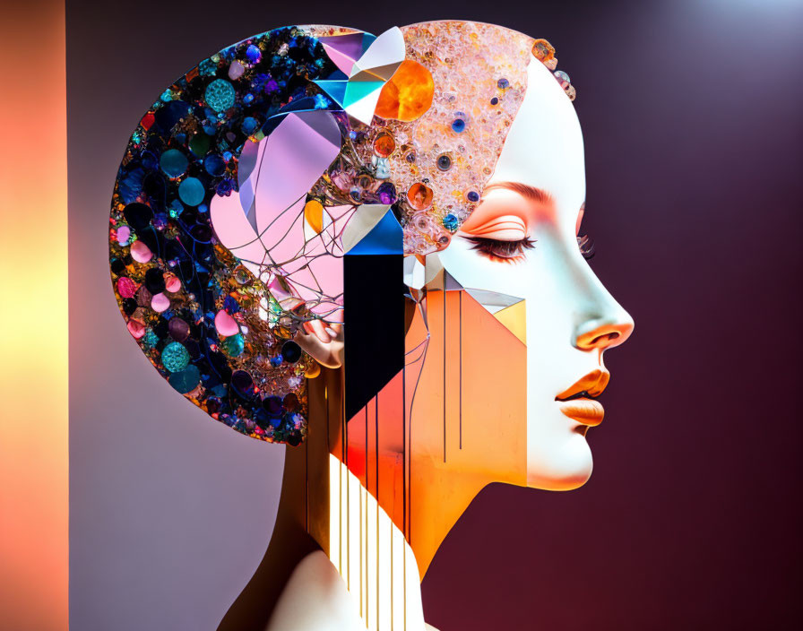 Colorful geometric design on surreal female figure's side profile with abstract pattern within head silhouette