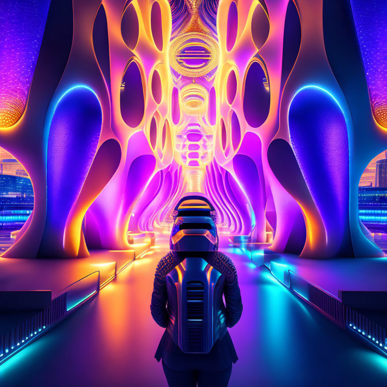 Futuristic corridor with organic shapes and neon lights