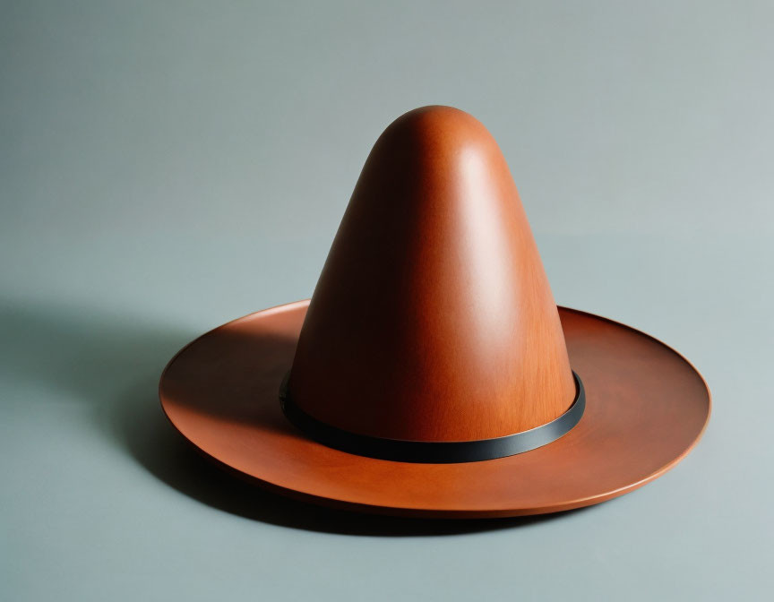 Brown conical hat with wide brim and black band on solid surface