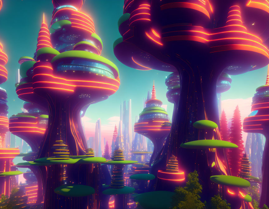 Alien city digital artwork with bioluminescent trees & futuristic buildings