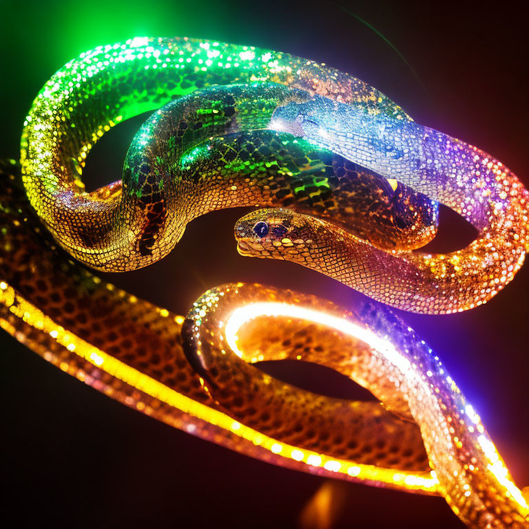 Vibrant Multicolored Lights Illuminate Snake on Dark Background