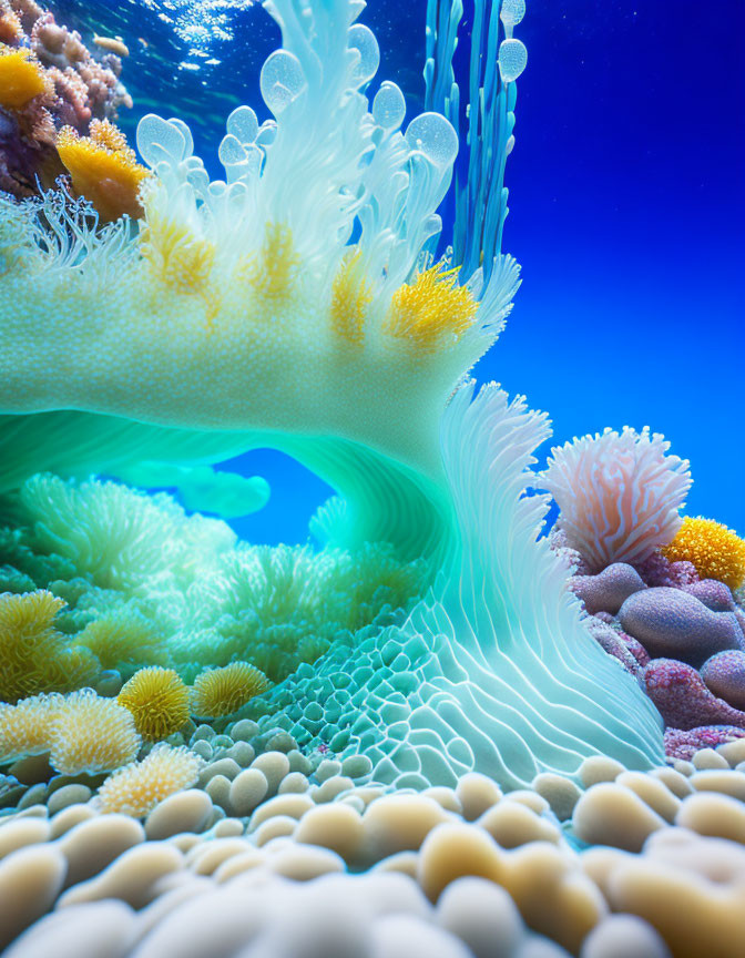 Colorful Coral and Sea Anemones in Vibrant Underwater Scene