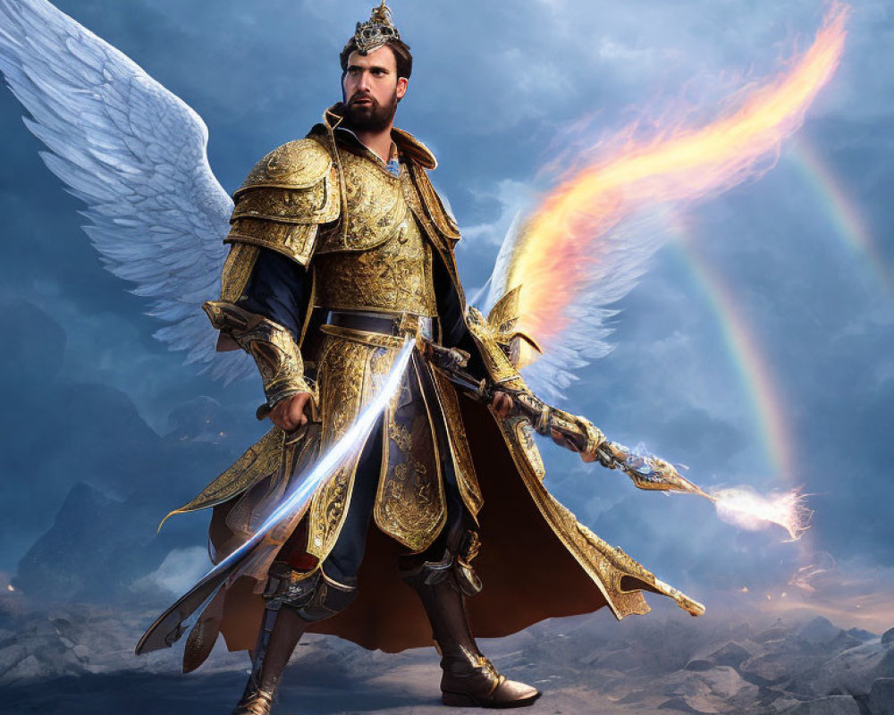 Golden-armored figure with white wings holding a sword on rocky terrain with a rainbow.