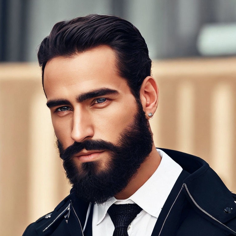 Stylish man with thick beard and earring in dark coat