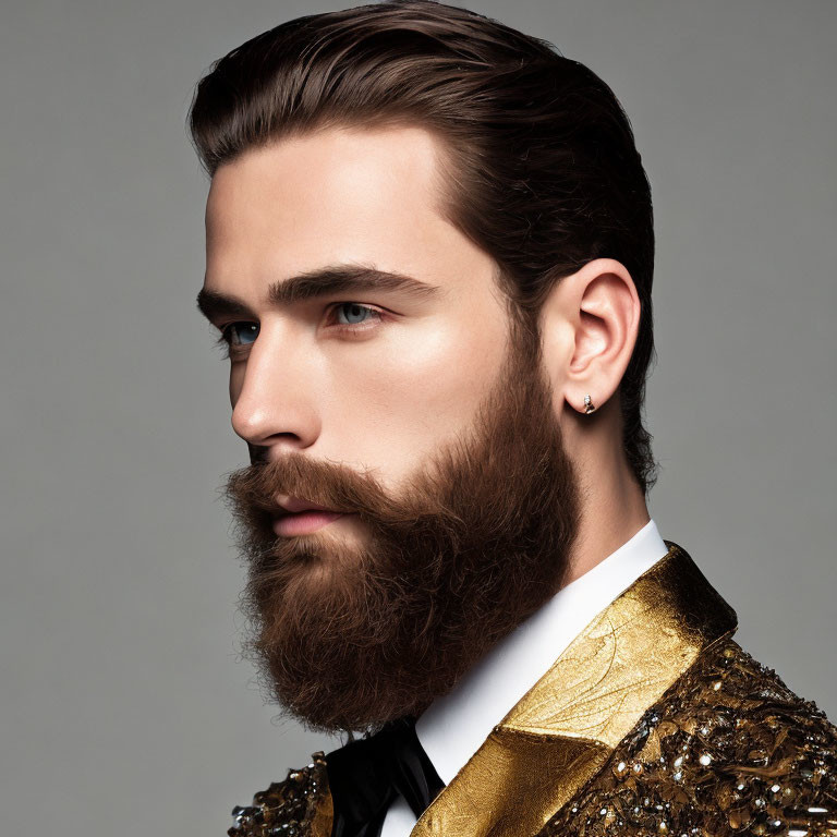 Stylish man with full beard in golden sequined jacket