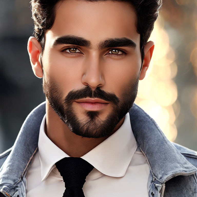 Man with thick eyebrows, groomed beard, intense eyes, shirt and tie, backlit bokeh