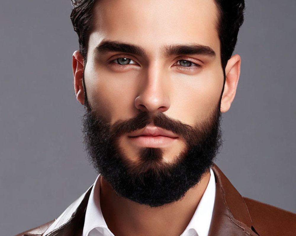 Man with Full Beard and Styled Hair in White Shirt and Leather Jacket Gazes at Camera