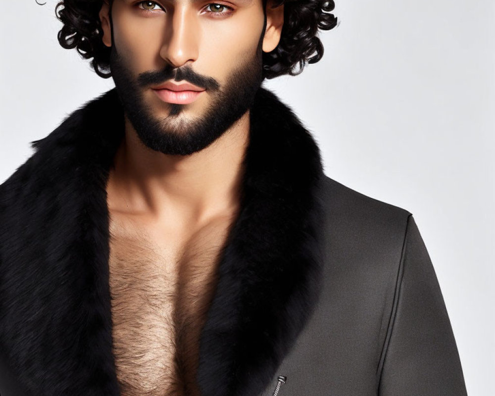 Curly-Haired Man in Fur-Collared Jacket with Beard