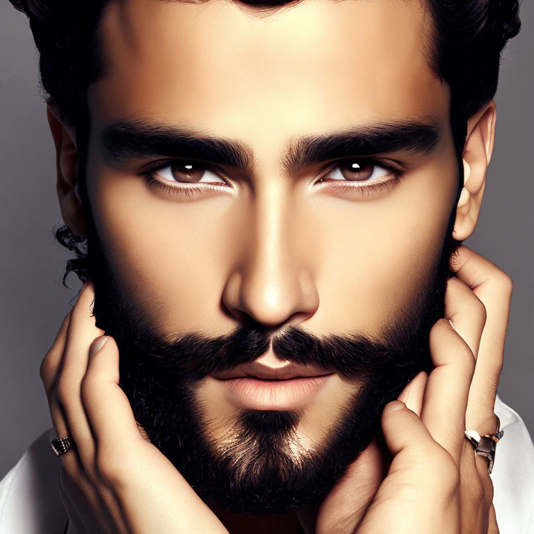 Styled man with beard and intense gaze, touching face, wearing ring