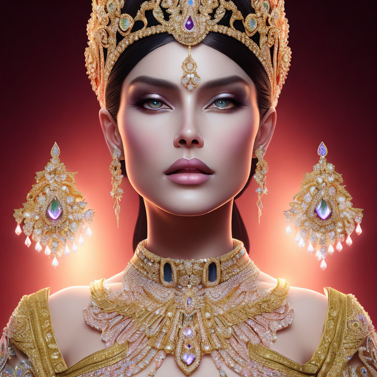 Intricate Gold Jewelry on Regal Woman Against Warm Background