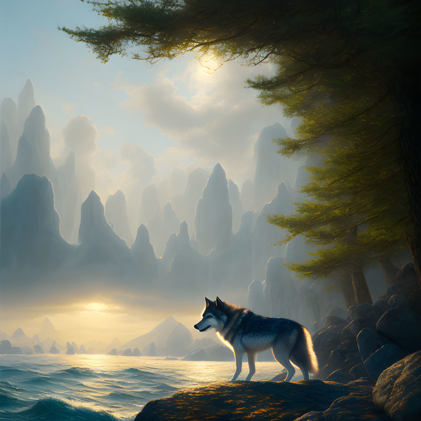 Solitary wolf on rocky shore gazes at misty sea and sunlit mountains.