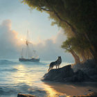 Solitary wolf on rocky shore gazes at misty sea and sunlit mountains.