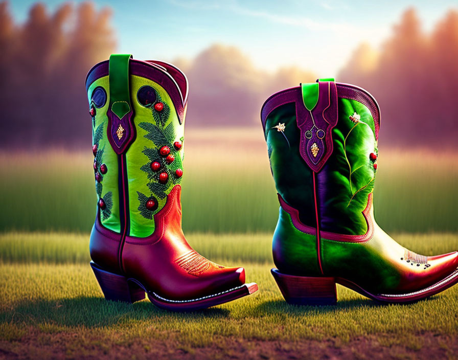 Colorful Cowboy Boots with Floral Embroidery in Sunset Field